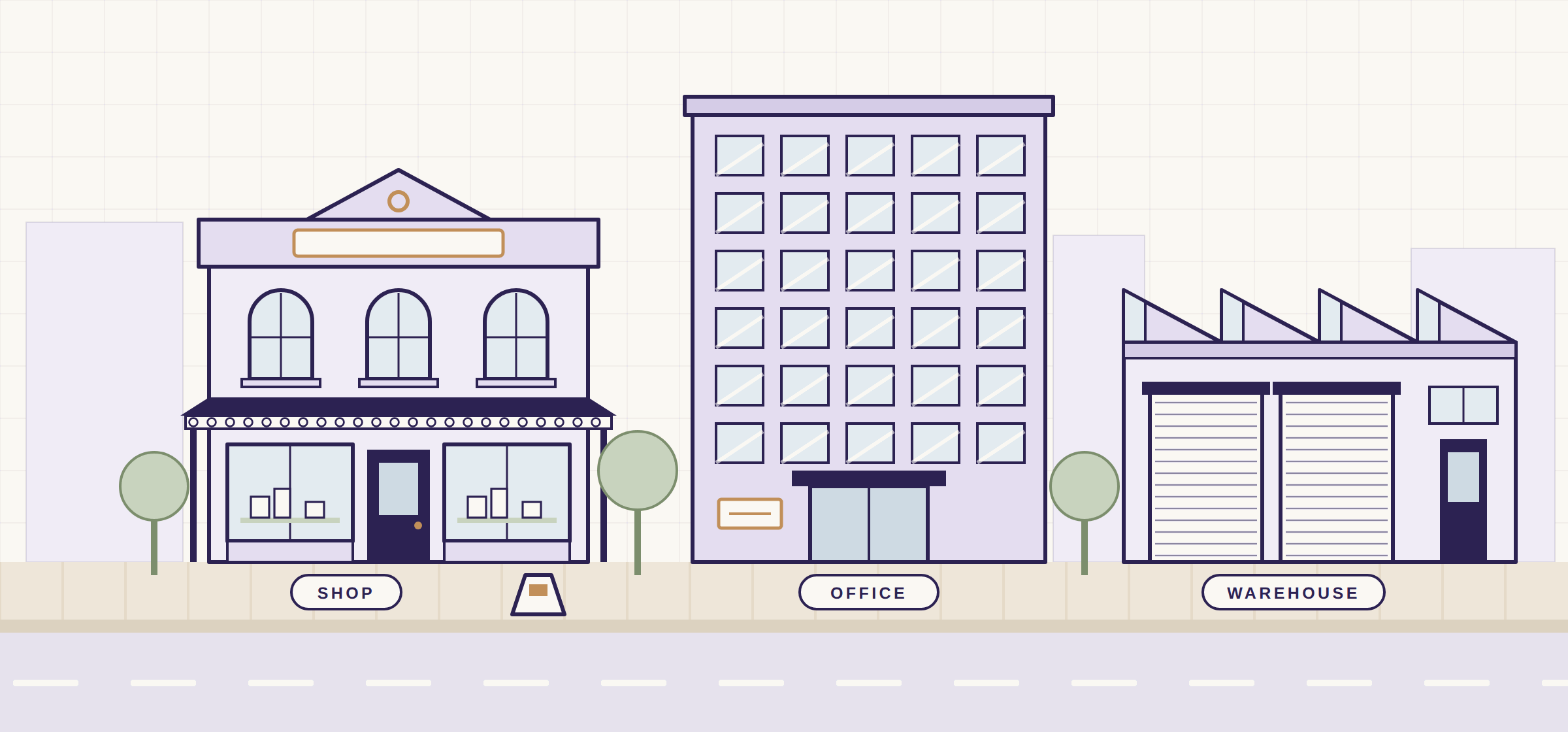 Lease Lawyers street drawing: shop, office and warehouse Drawing of a street with a shop, an office building and a warehouse
